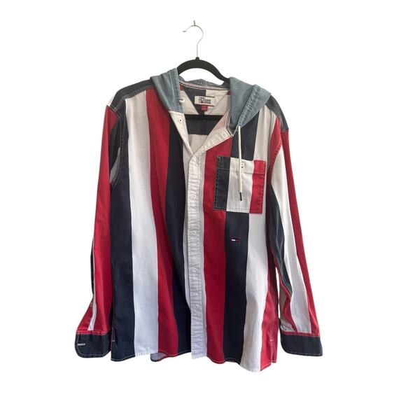 Tommy Hilfiger Other - Vintage Tommy Hilfiger **FLAWS** Denim Mens Small Hooded Shirt Stripe Y2K #5344